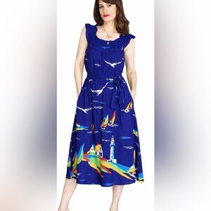 Anthropologie Conversations Coastal Print Midi Dress Sailboat Lighthouse Navy